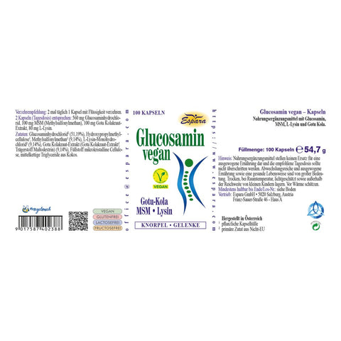 Glucosamin vegan Etikett von Espara mit detaillierten Angaben zu Inhaltsstoffen wie Glucosaminhydrochlorid, MSM, L-Lysin und Gotu Kola sowie der empfohlenen täglichen Verzehrmenge. Sichtbar sind Informationen zu Nährwerten, veganer Qualität, Herkunft, Herstellerangaben aus Österreich und Hinweise zur Funktion der enthaltenen Stoffe für Knorpel und Gelenke. Das Etikett zeigt zudem alle Pflichtinformationen wie Füllmenge, Barcode und Allergenhinweise. | Naturpräparate Dieterich