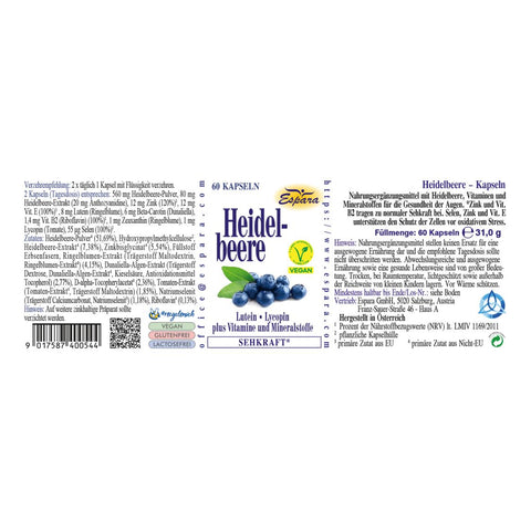 Espara Heidelbeere Kapseln 60 Kapseln Rückseite mit Angaben zu Heidelbeerextrakt, Lutein, Lycopin, Zink, Vitamin B2, Inhaltsstoffen und Verzehrempfehlung. Fokus auf Unterstützung der Sehkraft, antioxidativen Zellschutz und Versorgung der Augen bei digitaler Belastung. Verpackungsrückseite mit Nährwertangaben und Anwendungshinweisen. | Naturpräparate Dieterich