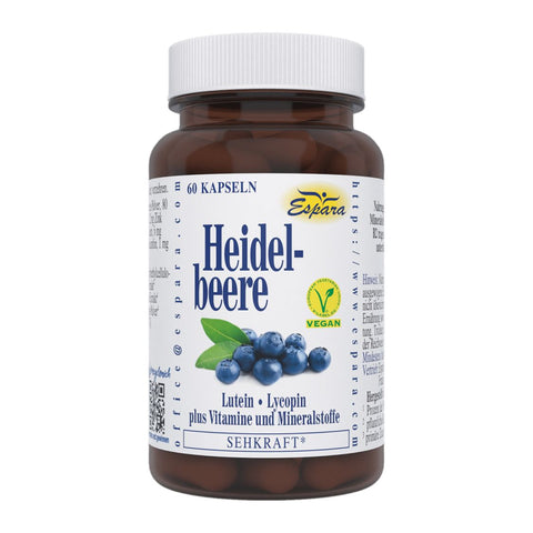 Espara Heidelbeere Kapseln 60 Kapseln mit Heidelbeerextrakt, Lutein, Lycopin, Zink und Vitamin B2 zur Unterstützung der normalen Sehkraft und zum Schutz der Zellen vor oxidativem Stress. Abbildung der Produktvorderseite mit Heidelbeeren und Vegan-Siegel. Einsatz bei Bildschirmarbeit, hoher Augenbelastung und zur Nährstoffversorgung von Makula und Netzhaut. | Naturpräparate Dieterich