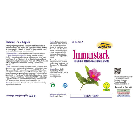 Espara Immunstark 60 Kapseln mit detaillierten Angaben mit detaillierten Angaben zu Inhaltsstoffen wie Vitamin C, Ingwerwurzel-Extrakt, Cistus-Extrakt, Kapuzinerkresse-Extrakt und Vitamin D3 zur Unterstützung des Immunsystems. Sichtbar sind die Anwendungsempfehlung, Nährwerte, vegane Kennzeichnung, Hinweise zur täglichen Einnahme zur Stärkung der Abwehrkräfte. Immunformel für ganzheitliche Unterstützung des körpereigenen Schutzsystems. | Naturpräparate Dieterich