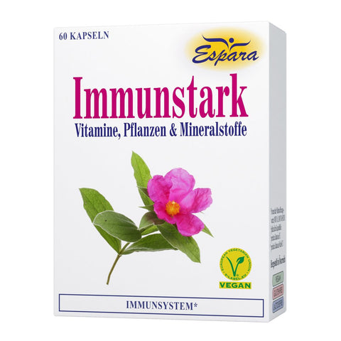 Espara Immunstark Kapseln 60 Ksp Blisterverpakcung, kombiniert Vitamin C, Vitamin D3, Pflanzenextrakte aus Cistus, Ingwer und Kapuzinerkresse zur gezielten Stärkung der körpereigenen Abwehrkräfte. Die Rezeptur unterstützt Immunfunktion, antioxidative Aktivität, Vitalität und natürliche Widerstandskraft. Ideal für Zeiten erhöhten Bedarfs und zur täglichen Immunpflege. | Naturpräparate Dieterich
