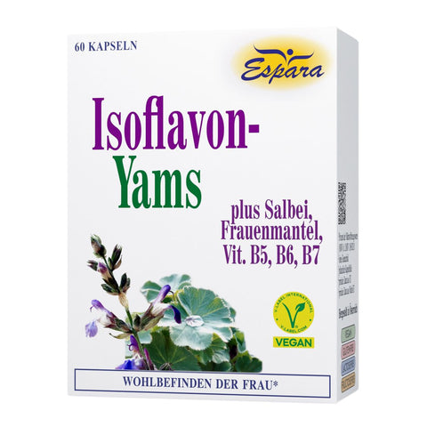 Isoflavon Yams von Espara als pflanzliche Unterstützung für das Wohlbefinden der Frau mit Yamswurzel, Isoflavonen, Salbei, Frauenmantel sowie Vitamin B5, B6 und B7 zur Regulierung des Hormonhaushalts, Unterstützung von Energie, Nervenfunktion und Haut. Zeigt Verpackung mit Pflanzenmotiv und Vegan-Logo | Naturpräparate Dieterich