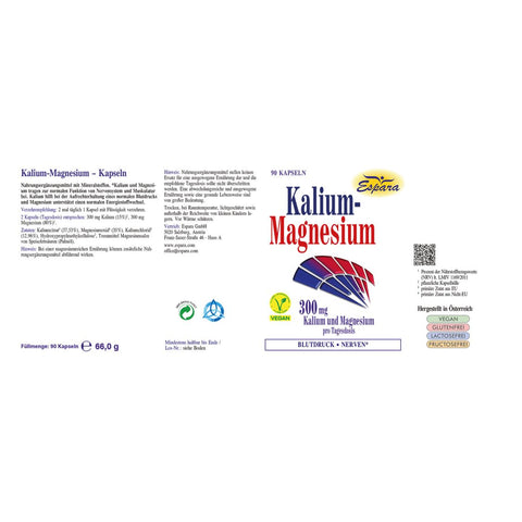 Kalium-Magnesium Kapseln von Espara mit detaillierter Nährwert- und Zutatenangabe, vegan zertifiziert. Beschrieben zur Unterstützung von Blutdruck, Nervenfunktion, Elektrolythaushalt und Energiestoffwechsel. Rückseite der Verpackung mit Anwendung, Zutatenliste und Qualitätszeichen. | Naturpräparate Dieterich