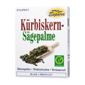 Espara Kürbiskern Sägepalme 30 Kapseln Nahrungsergänzung mit Kürbiskern Extrakt, Sägepalme, Blütenpollen, Weidenröschen und Brennnessel zur Unterstützung von Blase und Prostata, antioxidativer Zellschutz durch Vitamin E, vegetarisch, Abbildung der Packung mit Kürbiskernen im Holzlöffel. |Naturpräparate Dieterich