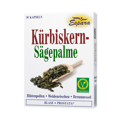 Espara Kürbiskern-Sägepalme Kapseln 30 Stück vegetarisches Nahrungsergänzungsmittel für Blase und Prostata in weißer Faltschachtel mit roter und grüner Schrift Abbildung von Kürbiskernen auf Holzschaufel mit Blütenpollen Weidenröschen und Brennnessel zur Unterstützung der Prostatafunktion und Harnwege. Naturpräparate Dieterich