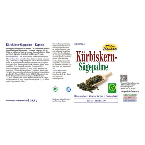 Espara Kürbiskern Sägepalme 60 Kapseln Rückseite mit vollständiger Zutatenliste inklusive Kürbiskern Extrakt, Sägepalme, Blütenpollen, Weidenröschen, Brennnessel und Vitamin E für antioxidativen Zellschutz und die Gesundheit von Blase und Prostata; Angaben zu Anwendung, Hersteller und Qualitätssiegeln, vegetarisch. | Naturpräparate Dieterich