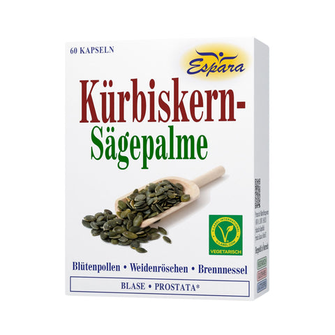 Espara Kürbiskern-Sägepalme Kapseln 60 Stück vegetarisches Nahrungsergänzungsmittel für Blase und Prostata in weißer Faltschachtel mit roter und grüner Schrift Abbildung von Kürbiskernen auf Holzschaufel enthält Blütenpollen Weidenröschen und Brennnessel unterstützt Prostatafunktion und Harnwege hochwertige pflanzliche Kapseln. Naturpräparate Dieterich
