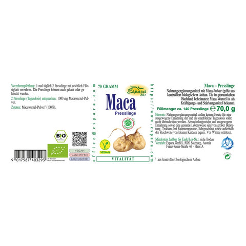 Espara Maca BIO Presslinge 70 g, Etikett mit Angaben zu Verzehrempfehlung 1x täglich 2 Presslinge, Tagesdosis 1000 mg Macawurzelpulver, Nahrungsergänzung ohne Zusatzstoffe zur begleitenden Versorgung bei Abwehrkräften, Müdigkeit, sportlicher Belastung, Männergesundheit und Stoffwechsel, geeignet für vegane Ernährung in Deutschland und Österreich. | Naturpräparate Dieterich