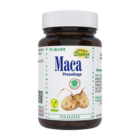 Espara Maca BIO Presslinge 70 g, Braunglasdose mit veganen Maca Presslingen aus kontrolliert biologischer Macawurzel, traditionelles Kräftigungsmittel aus den peruanischen Anden zur Unterstützung von Energie, Vitalität, Ausdauer, männlicher Leistungsfähigkeit, Stressresistenz und Wohlbefinden im deutschsprachigen Raum. | Naturpräparate Dieterich