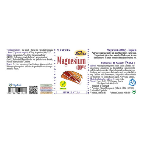 Etikett der Espara Magnesium 400 mg Kapseln mit Angaben zu Inhaltsstoffen, Dosierung und Wirkung. Beschreibt Magnesium als wichtig für normale Muskelfunktion, Nervenfunktion und Energiestoffwechsel. Informationen zu veganer Qualität, Frei-von-Hinweisen sowie Herkunft aus Österreich. Produktdarstellung für | Naturpräparate Dieterich.