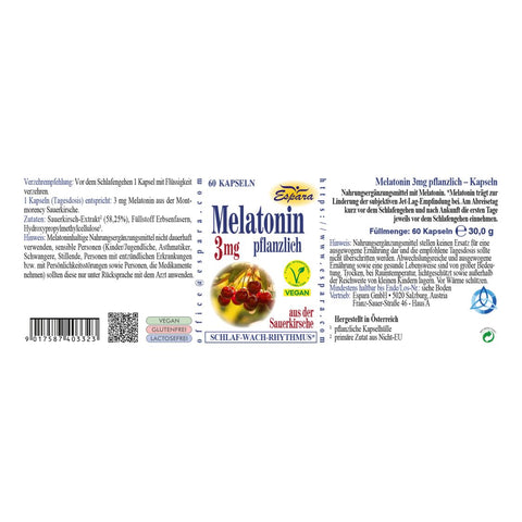 Espara Melatonin 3 mg pflanzlich 60 Kapseln, natürliche Einschlafhilfe mit Melatonin aus Montmorency Sauerkirsche zur Unterstützung des Schlaf Wach Rhythmus und zur Linderung von Jetlag. Angaben zu Inhaltsstoffen, Dosierung, Anwendung und Qualitätssiegeln. Vegan, glutenfrei, laktosefrei, hergestellt in Österreich. Abbildung der Verpackungsrückseite. | Naturpräparate Dieterich