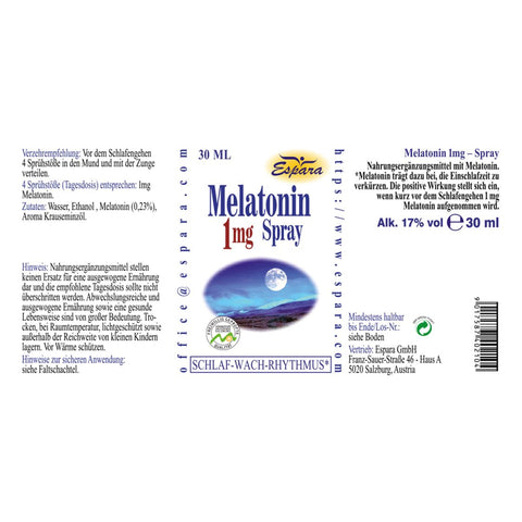 Rückseite des Melatonin 1 mg Sprays von Espara mit Angaben zu Verzehrempfehlung (4 Sprühstöße = 1 mg Melatonin), Inhaltsstoffen wie Wasser, Ethanol, Melatonin und Krauseminzöl-Aroma sowie Hinweis zur Anwendung vor dem Schlafengehen. Informationen zur Wirkung von Melatonin auf die Verkürzung der Einschlafzeit und zum veganen Produktstatus. Herstellerangaben und 30-ml-Füllmenge sichtbar. | Naturpräparate Dieterich