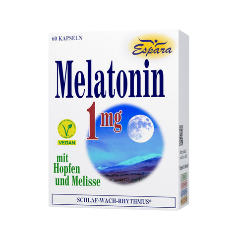 Espara Melatonin 1 mg 60 Kapseln mit Hopfen und Melisse vegan Nahrungsergänzungsmittel zur Unterstützung des Schlaf Wach Rhythmus in weißer Verpackung mit Mondmotiv und blauer Landschaft auf der Vorderseite geeignet für eine erholsame Nachtruhe und besseren Schlaf. Naturpräparate Dieterich
