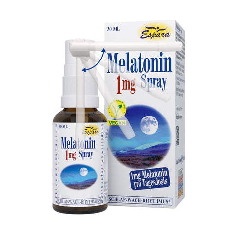 Espara Melatonin 1mg Spray 30 ml vegan Schlafspray Nahrungsergänzungsmittel zur Unterstützung des Schlaf Wach Rhythmus mit 1 mg Melatonin pro Tagesdosis in hochwertiger Braunglasflasche mit beweglichem Sprühkopf und Faltschachtel mit Mondmotiv. Ideal zur Verkürzung der Einschlafzeit und Förderung eines natürlichen Schlafrhythmus. Für Veganer geeignet. Naturpräparate Dieterich