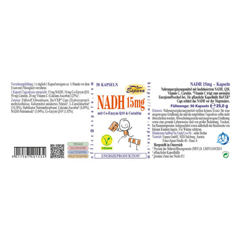 Espara NADH 15 mg Kapseln mit Co-Enzym Q10 und Carnitin hochdosiertes Premium-Nahrungsergänzungsmittel zur Unterstützung der Energieproduktion, Zellenergie und mitochondrialen Funktion. Abgebildet ist die komplette Verpackungsaußenfläche mit Verzehrempfehlung, Inhaltsstoffen, vegan-, glutenfrei-, lactosefrei- und fructosefrei-Siegeln sowie Nährwertangaben und Qualitätskennzeichnungen auf weißem Hintergrund. | Naturpräparate Dieterich