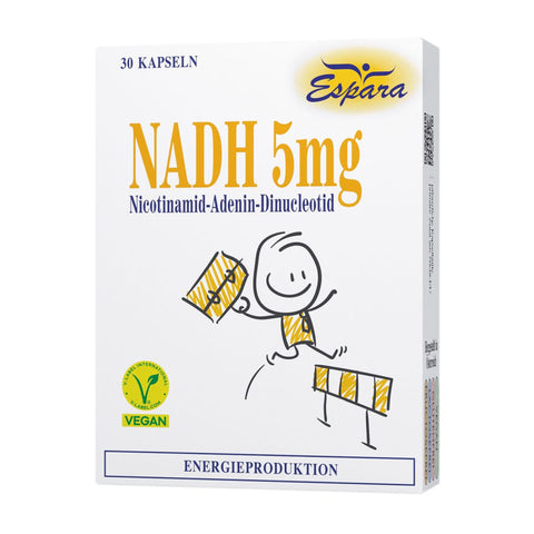 Espara NADH 5mg 30 Kapseln Nicotinamid Adenin Dinucleotid Kapseln zur Unterstützung der natürlichen Energieproduktion, mitochondriale Aktivität und Reduktion von Müdigkeit, hochbioverfügbares Coenzym für geistige Leistungsfähigkeit und körperliche Vitalität, vegane Rezeptur, glutenfrei, laktosefrei und fructosefrei, Verpackung zeigt gezeichnete energiegeladene Figur mit Hürde als Symbol für Leistungssteigerung. | Naturpräparate Dieterich