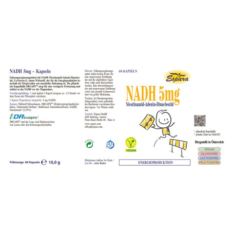 Espara NADH 5mg  60 Kapseln Nicotinamid Adenin Dinucleotid Kapseln Rückenetikett mit detaillierten Angaben zur Wirkung auf Zellenergie und mitochondriale Funktion, Verzehrempfehlung, Inhaltsstoffen wie DRCaps pflanzliche Kapsel für verzögerte Freisetzung, veganer Zusammensetzung, Qualitäts- und Herstellerhinweisen, geeignet zur Unterstützung von Energie, Konzentration und Leistungsfähigkeit, sichtbare strukturierte Produktinformationen. | Naturpräparate Dieterich