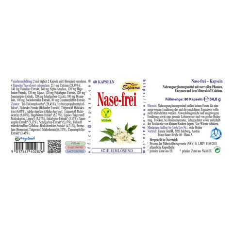 Espara Nase frei Kapseln schleimlösend Rückenetikett mit detaillierten Angaben zu pflanzlichen Extrakten wie Holunder, Hagebutte, Eukalyptus, Sauerampfer, Bromelain und Cayennepfeffer sowie Calcium zur Unterstützung der Nasenfunktion, Verzehrempfehlung, vollständigen Inhaltsstoffen, veganer Zusammensetzung und Herstellerdaten, Etikett zeigt strukturierte Produktinformationen und Blütenabbildung. | Naturpräparate Dieterich