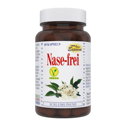 Espara Nase frei Kapseln schleimlösend mit wertvollen Pflanzenextrakten wie Holunder, Eukalyptus, Hagebutte, Bromelain, Cayennepfeffer und Calcium zur natürlichen Unterstützung der freien Nasenatmung, Lösung festsitzenden Schleims und Linderung von Druckgefühl in den Nasennebenhöhlen, vegane Rezeptur, Darstellung zeigt braune Kapselglasflasche mit Blütenmotiv und klarer Produktbezeichnung. | Naturpräparate Dieterich