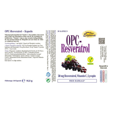 Espara OPC Resveratrol Kapseln 30 Stück Rückenetikett mit Angaben zu Resveratrol, Vitamin C, Lycopin und Traubenkernextrakt zur Unterstützung der antioxidativen Abwehr, zum Schutz der Zellen vor oxidativem Stress und zur Förderung einer normalen Gefäßfunktion, inklusive Verzehrempfehlung, Inhaltsstoffen, veganer Rezeptur, Herstellerdaten und strukturierter Übersicht, Etikett zeigt Traubenabbildung und klare Produktinformationen. | Naturpräparate Dieterich