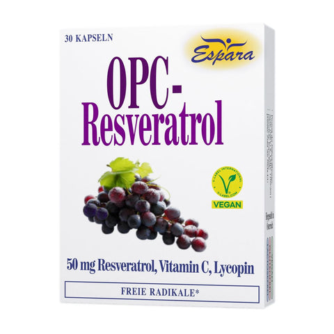 Espara OPC Resveratrol Kapseln 30 Kapseln mit 50 mg Resveratrol, Vitamin C, Lycopin und antioxidativen Polyphenolen aus Traubenkernen zur Unterstützung des Schutzes vor freien Radikalen, zur normalen Kollagenbildung und zur Förderung der Gefäßgesundheit, vegane Formel, hochwertige Pflanzenextrakte, Verpackung zeigt Weintraubenmotiv und klare Produktbezeichnung auf weißem Hintergrund. | Naturpräparate Dieterich