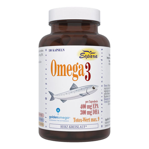 Espara Omega 3 180 Kapseln mit hochwertigem Golden Omega Fischöl aus nachhaltig zertifiziertem Anchovis, reich an 400 mg EPA und 300 mg DHA pro Tagesdosis zur Unterstützung von Herz Kreislauf Funktion, Gehirnleistung und entzündungsregulierenden Prozessen, sehr niedriger Totox Wert für maximale Reinheit, braune Glasflasche mit Fischgrafik und klarer Produktkennzeichnung sichtbar. | Naturpräparate Dieterich