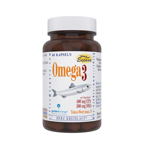 Espara Omega-3 Kapseln 60 Kapseln hochdosiertes Fischöl mit 400 mg EPA und 300 mg DHA pro Tagesdosis im braunen Vorratsglas mit weißem Etikett und Fischabbildung Nahrungsergänzung für Herz Kreislauf Gehirn und Sehkraft frei von Gluten Laktose und Fructose nachhaltiges Golden Omega Fischöl. Naturpräparate Dieterich