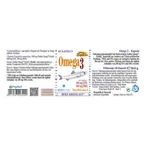 Espara Omega 3 60 Kapseln Rückenetikett mit detaillierten Angaben zu hochwertigem Golden Omega Fischöl aus Anchovis, 400 mg EPA und 300 mg DHA pro Tagesdosis zur Unterstützung normaler Herzfunktion, Gehirnfunktion und Sehkraft, Informationen zu Reinheit, Totox Wert, Verzehrempfehlung, Inhaltsstoffen, Herstellerdaten, nachhaltiger Herkunft und zertifizierter Qualität, Etikett zeigt strukturierte Produktinformationen und Fischgrafik. | Naturpräparate Dieterich