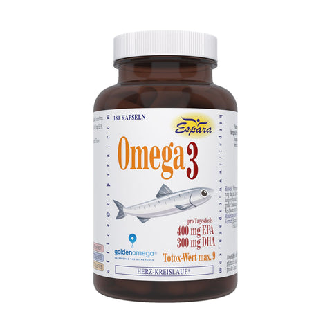 Espara Omega-3 Kapseln 180 Kapseln hochkonzentriertes Fischöl mit 400 mg EPA und 300 mg DHA pro Tagesdosis im großen braunen Vorratsglas mit weißem Etikett und Fischmotiv Omega-3 Nahrungsergänzung für Herz Kreislauf Augen und Gehirnfunktion mit nachhaltigem Golden Omega Fischöl frei von Gluten Laktose und Fructose. Naturpräparate Dieterich