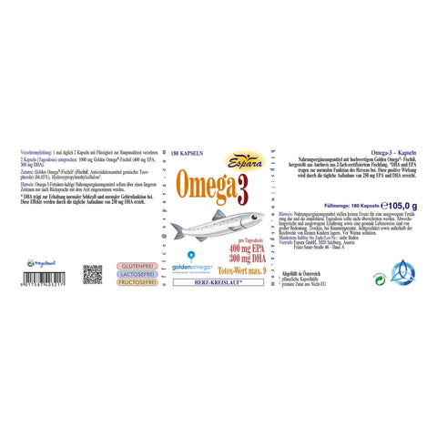 Espara Omega 3 180 Kapseln Rückenetikett mit detaillierten Angaben zu hochwertigem Golden Omega Fischöl aus Anchovis, 400 mg EPA und 300 mg DHA pro Tagesdosis zur Unterstützung normaler Herzfunktion, Gehirnfunktion und Sehkraft, Informationen zu Reinheit, Totox Wert, Verzehrempfehlung, Inhaltsstoffen, Herstellerdaten, nachhaltiger Herkunft und zertifizierter Qualität, Etikett zeigt strukturierte Produktinformationen und Fischgrafik. | Naturpräparate Dieterich