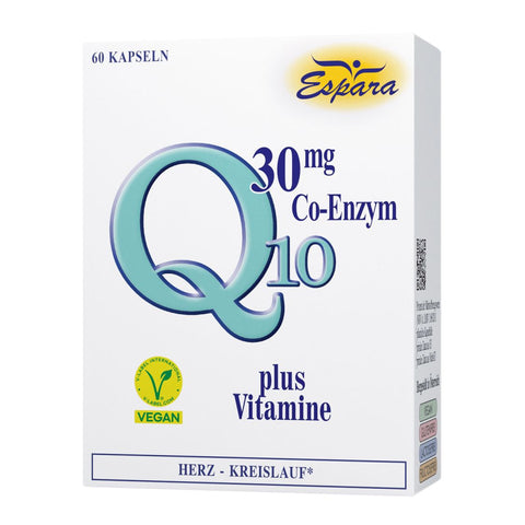 Espara Q10 30 mg Co Enzym plus Vitamine 30 Kapseln zur Unterstützung von Herz Kreislauf Funktion, Energiestoffwechsel und Zellschutz, kombiniert mit Vitamin B6, B9 und B12 zur normalen Homocysteinverwertung, vegane Rezeptur und hochwertige Mikronährstoffe, braune Glasflasche mit deutlicher Q10 Kennzeichnung, Vitaminhinweisen und klar strukturierter Etikettengestaltung sichtbar. | Naturpräparate Dieterich