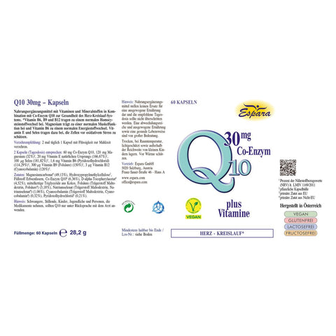 Espara Q10 30 mg Co Enzym plus Vitamine 30 Kapseln Rückenetikett mit Angaben zu Co Enzym Q10, Magnesium sowie Vitamin B6, B9 und B12 zur Unterstützung von Herzfunktion, Energieproduktion und normalem Homocysteinspiegel, inklusive vollständiger Inhaltsstoffliste, Verzehrempfehlung, veganer Zusammensetzung, Qualitätsangaben und Herstellerinformationen, strukturiertes Etikett mit Q10 Darstellung sichtbar. | Naturpräparate Dieterich