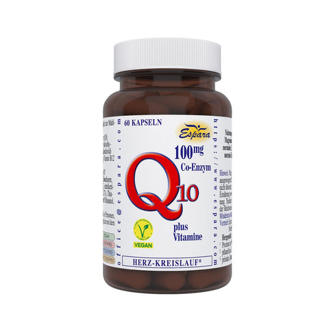 Espara Q10 100 mg Kapseln, Coenzym Q10 plus Vitamine B1 B6 B12 und Folsaeure, pflanzliche Kapselhüllen, vegan, 60 Kapseln; braune Glasflasche mit weissem Schraubdeckel, Etikett Q10 100 mg plus Vitamine und Vegan Siegel; für Energie Herz Nerven. Naturpraeparate Dieterich