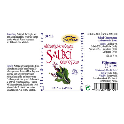Espara Salbei Compositum Alchemistische Essenz 30 ml Rückenetikett mit Angaben zu Destillaten aus Salbei, Gundelrebe, Zwiebel, Lungenkraut und Käsepappel, Anwendungsempfehlung mit Tropfenangabe, Hinweisen zur Einnahme und Lagerung, Alkoholgehalt, Füllmenge, veganer Kennzeichnung, Herstellerdaten sowie grafischer Darstellung von Salbeizweigen und strukturierter Produktinformation. | Naturpräparate Dieterich