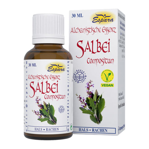 Espara Salbei Compositum Alchemistische Essenz 30 ml zur Unterstützung von Hals und Rachen mit pflanzlichen Destillaten aus Salbei, Gundelrebe, Zwiebel, Lungenkraut und Käsepappel, traditionelle alchemistische Herstellung nach Paracelsus, vegan, braune Glasflasche mit Salbeizweigen und Produktbezeichnung vor der Umverpackung sichtbar. | Naturpräparate Dieterich
