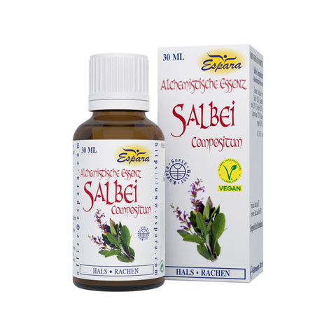 Espara Salbei Compositum Alchemistische Essenz 30 ml veganes Naturpräparat nach Paracelsus in brauner Glasflasche mit weißem Schraubverschluss und passender Faltschachtel mit Abbildung von Salbeiblättern und Blüten unterstützt Hals und Rachen wirkt wohltuend bei Reizungen hochwertige pflanzliche Essenz nach alchemistischem Prinzip hergestellt für Gesundheit und Wohlbefinden. Naturpräparate Dieterich