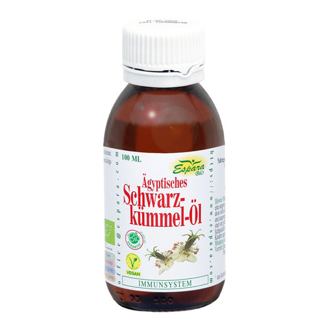 Espara Ägyptisches Schwarzkümmel Öl Bio 100 ml aus kontrolliert biologischem Anbau, schonend kaltgepresst aus den Samen von Nigella sativa, reich an mehrfach ungesättigten Fettsäuren zur Unterstützung von Stoffwechsel und Immunsystem, vegan, braune Glasflasche mit weißem Etikett und Abbildung der Schwarzkümmelblüte sowie Bio Zertifizierung sichtbar. | Naturpräparate Dieterich