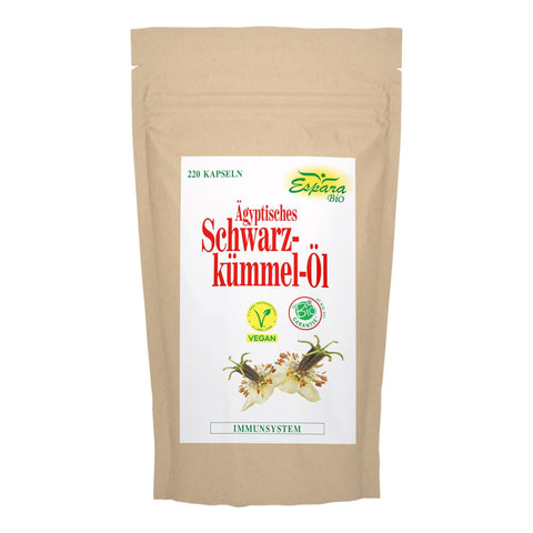 Espara Ägyptisches Schwarzkümmel Öl Bio 220 Kapseln aus kontrolliert biologischem Anbau mit schonend kaltgepresstem Schwarzkümmelöl aus Nigella sativa zur Unterstützung von Immunsystem und Stoffwechsel, vegan, Beutelverpackung aus Kraftpapier mit weißem Etikett, Bio Siegel und Abbildung der Schwarzkümmelblüte sichtbar. | Naturpräparate Dieterich