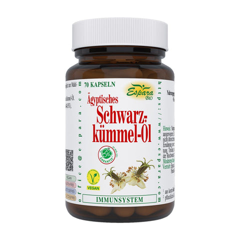 Espara Ägyptisches Schwarzkümmel Öl Bio 70 Kapseln aus kontrolliert biologischem Anbau, mit schonend kaltgepresstem Schwarzkümmelöl aus Nigella sativa zur Unterstützung von Immunsystem und Stoffwechsel, vegan, braune Glasflasche mit weißem Etikett, Bio Siegel sowie Abbildung der Schwarzkümmelblüte sichtbar. | Naturpräparate Dieterich