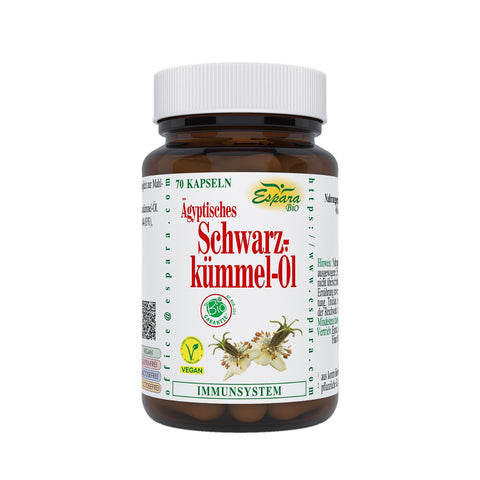 Esara Schwarzkümmel-Öl Bio Kapseln.  Dose mit 70 Kapseln. Nahrungsergänzungsmittel mit ägyptischem Schwarzkümmel-Öl aus biologischem Anbau. Das Öl wird schonend kaltgepresst aus den Samen von Nigella sativa. Es enthält mehrfach ungesättigte Fettsäuren, die für den Stoffwechsel und das Immunsystem sehr wertvoll sind.
Naturpräparate Dieterich