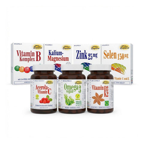Espara Starke 7 Essentials Set 7 Produkte - Mikronährstoff-Basisversorgung mit Acerola Vitamin C, Omega 3 vegan, Vitamin D3 K2, Vitamin B Komplex, Kalium-Magnesium, Zink 25 mg und Selen 150 µg zur täglichen Ergänzung von Vitaminen, Mineralstoffen und Fettsäuren; Fokus auf Immunsystem, Energiestoffwechsel, Nerven, Muskeln, Knochen und Zellschutz. Abbildung zeigt die 7 Nahrungsergänzungsmittel Faltschachteln und Glasflaschen im Set. | Naturpräparate Dieterich