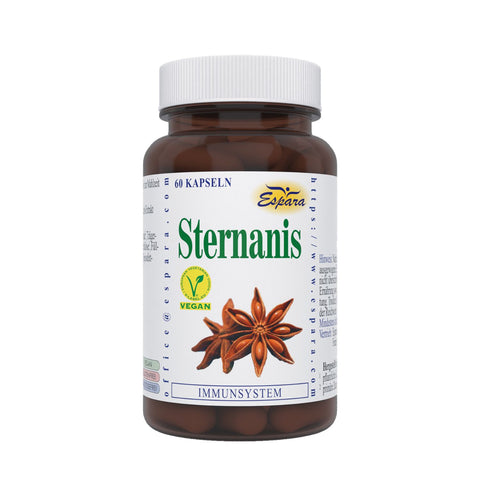 Espara Sternanis Kapseln 60 Stück veganes Nahrungsergänzungsmittel für das Immunsystem in brauner Kunststoffdose mit weißem Schraubverschluss und grünem Vegan Logo auf dem Etikett Vorderseite mit Abbildung von Sternanis Gewürz unterstützt Abwehrkräfte und Immunsystem hochwertiges pflanzliches Produkt für Gesundheit und Vitalität. Naturpräparate Dieterich