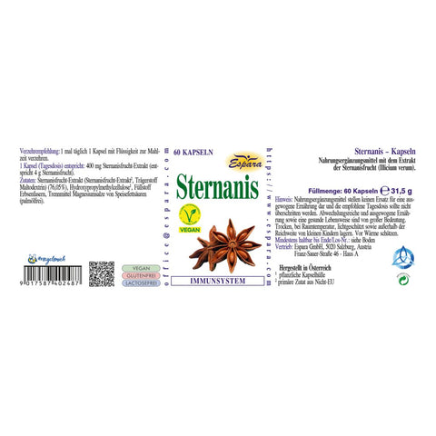 Espara Sternanis 60 Kapseln Rückenetikett mit Angaben zu Sternanisfrucht Extrakt zur Unterstützung von Atemwegen, Verdauung und antioxidativem Zellschutz, Verzehrempfehlung, Inhaltsstoffen, veganer Kennzeichnung, Füllmenge, Herstellerdaten sowie strukturierter Produktinformation, Etikett zeigt Sternanisabbildung und Hinweise zur Anwendung und Lagerung. | Naturpräparate Dieterich