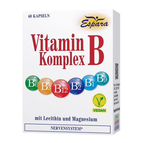 Espara Vitamin B Komplex 60 Kapseln mit allen wichtigen B Vitaminen wie B1, B2, B3, B6, B9 und B12 sowie Lecithin und Magnesium zur Unterstützung von Nervensystem, Energiestoffwechsel und mentaler Funktion, vegane Rezeptur, Verpackung zeigt farbige B Vitaminkugeln und Produktbezeichnung vor weißem Hintergrund. | Naturpräparate Dieterich