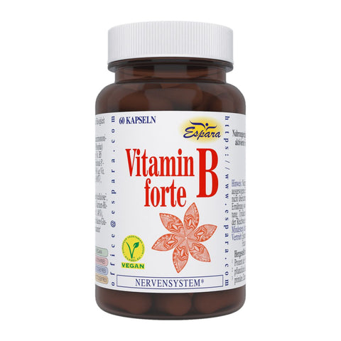 Espara Vitamin B forte 60 Kapseln mit aktiviertem Vitamin B Komplex aus B1, B2, B3, B5, B6, B7, B9 und B12 zur Unterstützung von Nervensystem, Energiestoffwechsel und psychischer Funktion, vegan, braune Glasflasche mit weißem Etikett, Vitamin B Kennzeichnung und grafischem B Blütenmotiv sichtbar. | Naturpräparate Dieterich