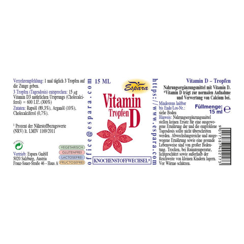 Espara Vitamin D Tropfen 15 ml Rückenetikett mit Angaben zu 600 IE Vitamin D3 pro Tagesdosis zur Unterstützung von Knochenstoffwechsel, Calciumverwertung und Immunsystem, detaillierter Zutatenliste mit Rapsöl, Arganöl und Cholecalciferol, Verzehrempfehlung, veganer Kennzeichnung, Füllmenge, Herstellerdaten sowie klar strukturierter Produktinformation. | Naturpräparate Dieterich