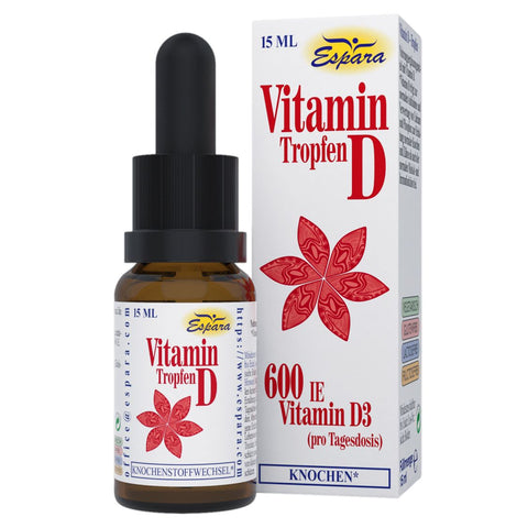 Espara Vitamin D Tropfen 15 ml mit 600 IE Vitamin D3 pro Tagesdosis zur Unterstützung von Knochenstoffwechsel, Calciumaufnahme und Immunsystem, vegane Rezeptur auf Rapsöl und Arganöl Basis, braune Glasflasche mit Pipette und weißer Umverpackung mit rotem Blütenmotiv sichtbar. | Naturpräparate Dieterich