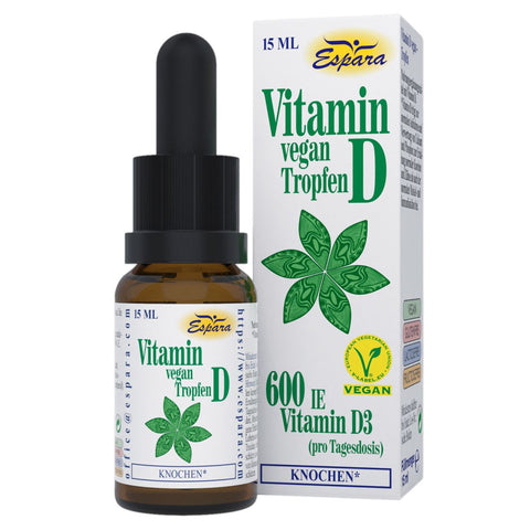 Vitamin D vegan Tropfen 15 ml von Espara, hoch bioverfügbares veganes Vitamin D3 aus Flechten für normalen Calciumstoffwechsel und Knochenfunktion, ideal zur täglichen Versorgung, braune Glasflasche mit Pipette und grüner Blütenabbildung. | Naturpräparate Dieterich