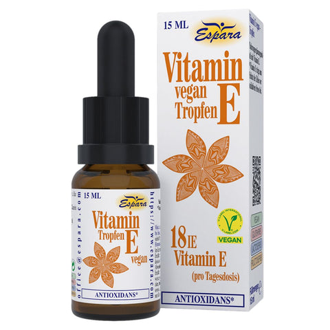spara Vitamin E Tropfen vegan 15 ml pflanzliches Vitamin E als Antioxidans zur Unterstützung des Zellschutzes und Immunsystems; vegan, glutenfrei, laktosefrei, fructosefrei; darstellt Tropfenflasche mit Pipette und Verpackung mit Logo, Angabe 18 I.E. Vitamin E pro Tagesdosis und Vegan-Siegel; Produktabbildung Vorderseite. | Naturpräparate Dieterich