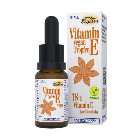 Espara Vitamin E vegan Tropfen 15 ml Glasflasche mit Pipette und Verpackung, Nahrungsergänzungsmittel mit 18 IE Vitamin E pro Tagesdosis, antioxidativer Zellschutz, vegan, laktosefrei, glutenfrei und zuckerfrei, hochwertiges Vitamin E Öl in Braunglasflasche mit Etikett und Markenlogo Espara, Produktfoto auf weißem Hintergrund. Naturpräparate Dieterich